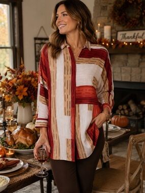 🎄🎯 ALFANI Stripe Colorblock Geo Blouse Burgundy Rust Color Block NWT $80 XXL